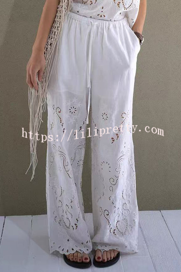 Linen Blend Solid Color Embroidered Hollow Loose Vest and Elastic Waist Casual Pocket Wide Leg Pants Set