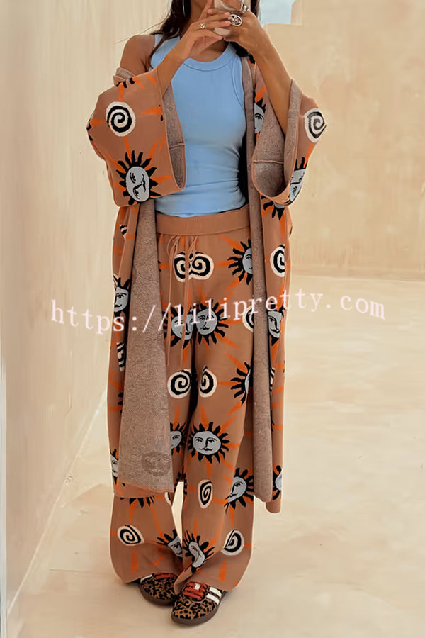 Mediterranean Art Knit Unique Sun Vortex Print Elastic Waist Wide Leg Pants