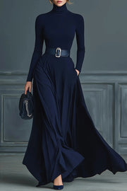 Solid Color High-neck Long-sleeved Elegant Slim-fit Maxi Dress