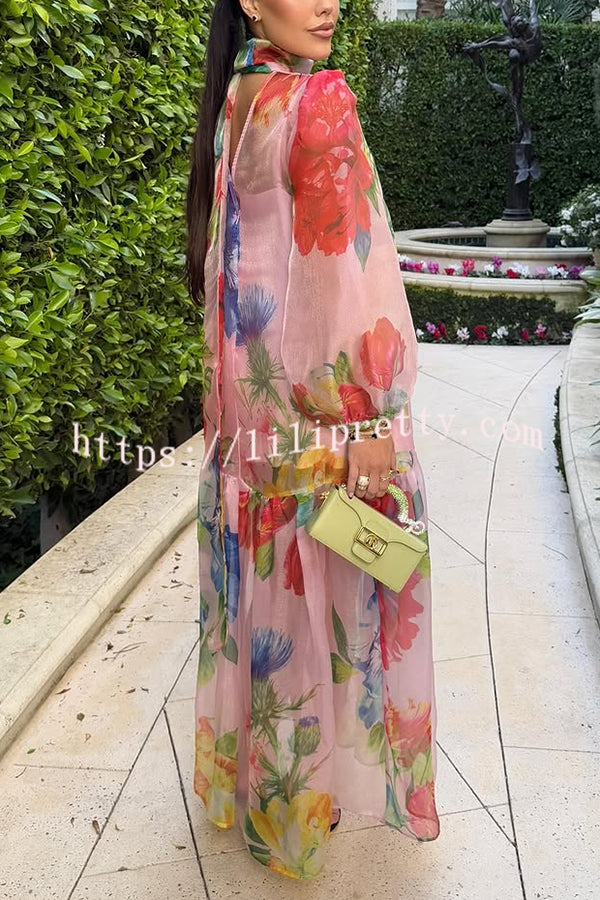 Garden Blooms Organza Floral Print Tie-up Neck Balloon Sleeve Loose Maxi Dress