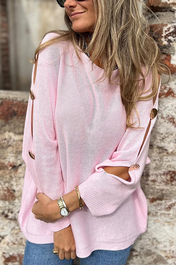 Solid Color Round Neck Hollow Long Sleeve Loose Knitted Sweater