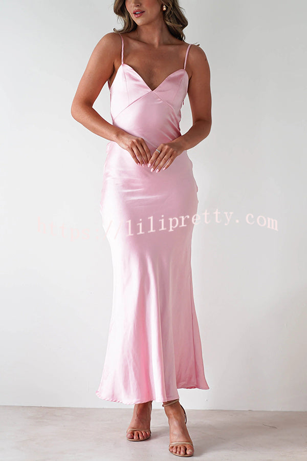 Satin Elegant Sling Backless Lace-Up Midi Dress