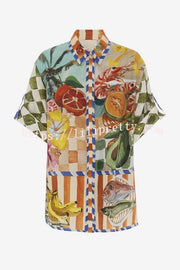 Spicy Lady Linen Blend Tropical Fruit Print Button Down Oversized Blouse