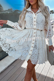 Lilipretty Lace Hollow Button Long Sleeve Mini Dress