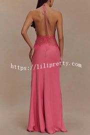 Seductive Details Satin Lace Waist Halter Tie-up Backless Maxi Dress