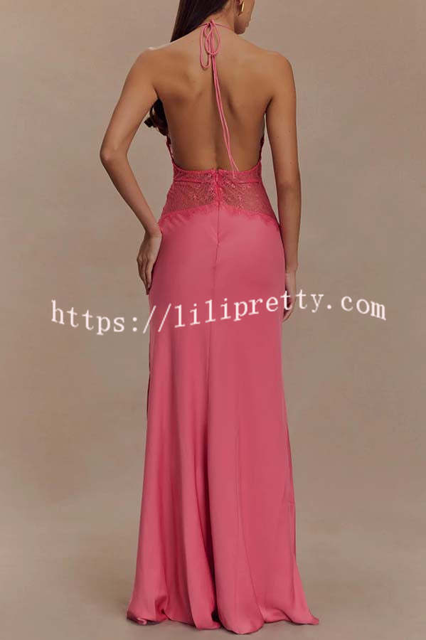 Seductive Details Satin Lace Waist Halter Tie-up Backless Maxi Dress