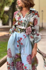 Harvest Garden Tulle Floral Print Balloon Sleeve Belt Blouse