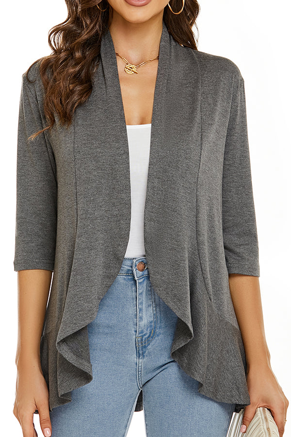 Solid Color Casual Three-quarter Sleeve Ruffled Loose Cardigan