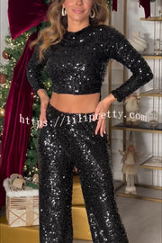 New Start Sequin Long Sleeve Back Tie-up Crop Top and Elastic Waist Loose Pants Set