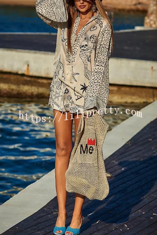 Live By Water Satin Unique Print Tassle Shirt and Elastic Waist Shorts Set