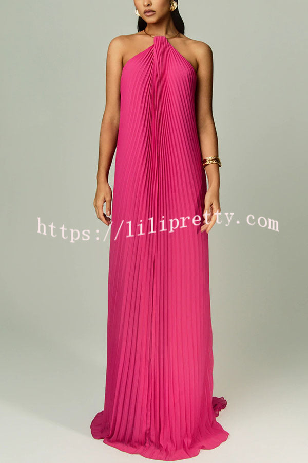 Coralie Pleated Metal Ring Halter Backless Loose Maxi Dress