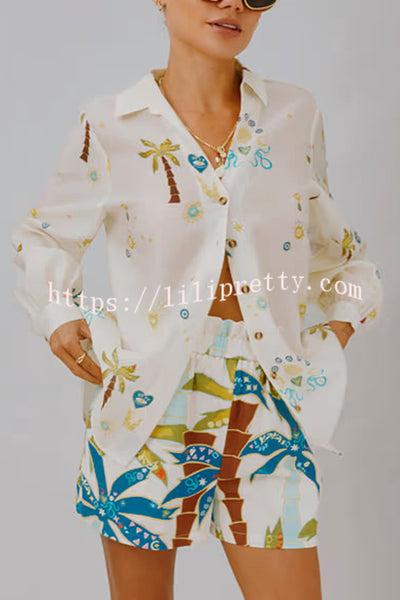 Linen Blend Resort Coconut Palm Print Long Sleeve Lapel Shirt and Elastic Waist Casual Pocket Shorts Set