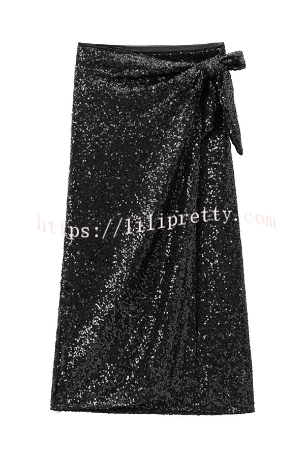 Crushing on You Sequin High Rise Wrap Tie-up Slit Midi Skirt