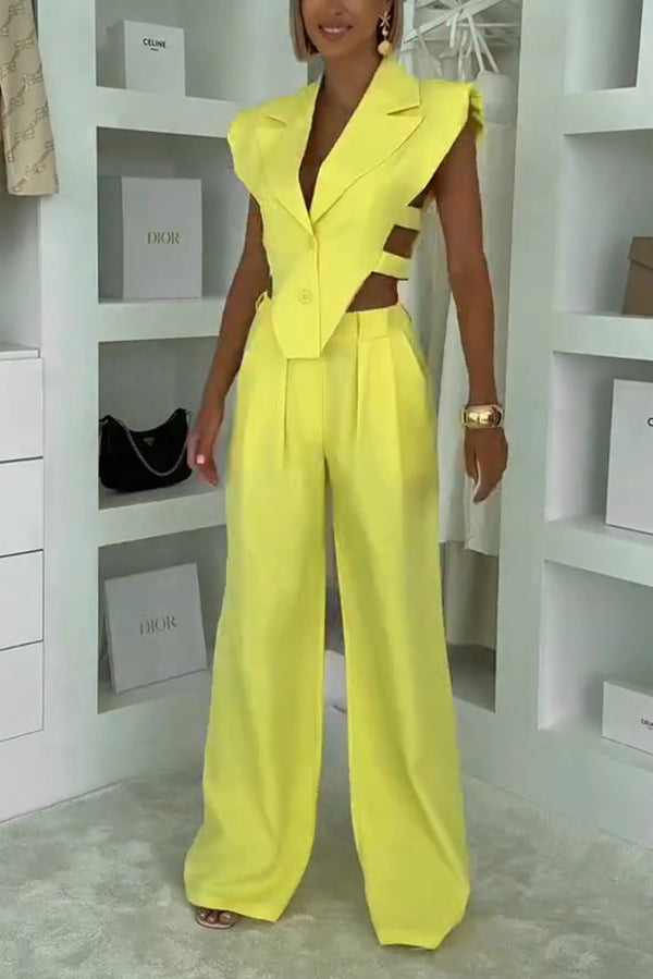Fashion Style Lapel Waist-baring Irregular Vest and  Elastic Waist Pocket Loose Pants Set
