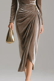 Solid Color Velvet Long-sleeved Slim-fit Pleated Midi Dress