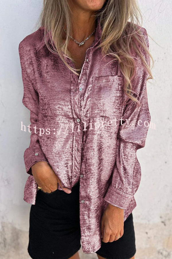 First and Fabulous Metallic Fabric Button Up Long Sleeve Loose Blouse