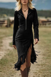 Fashionable Suede Long-sleeved Irregular Tassel Hem Slim Midi Dress