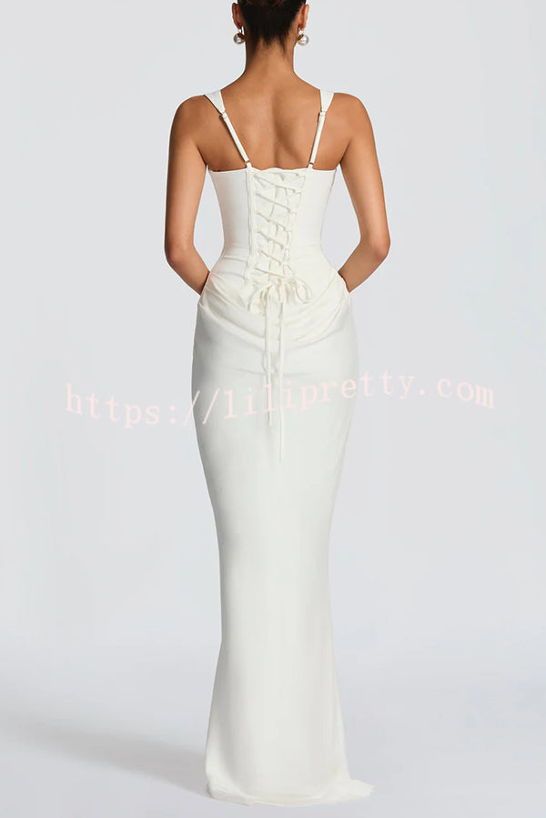 Larrah Square Neck Back Lace-up Satin Drape Hem Maxi Dress