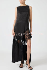 Pretty Soul Satin Lace Trim Wide Neck Irregular Hem Slit Maxi Dress