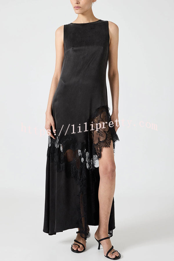 Pretty Soul Satin Lace Trim Wide Neck Irregular Hem Slit Maxi Dress