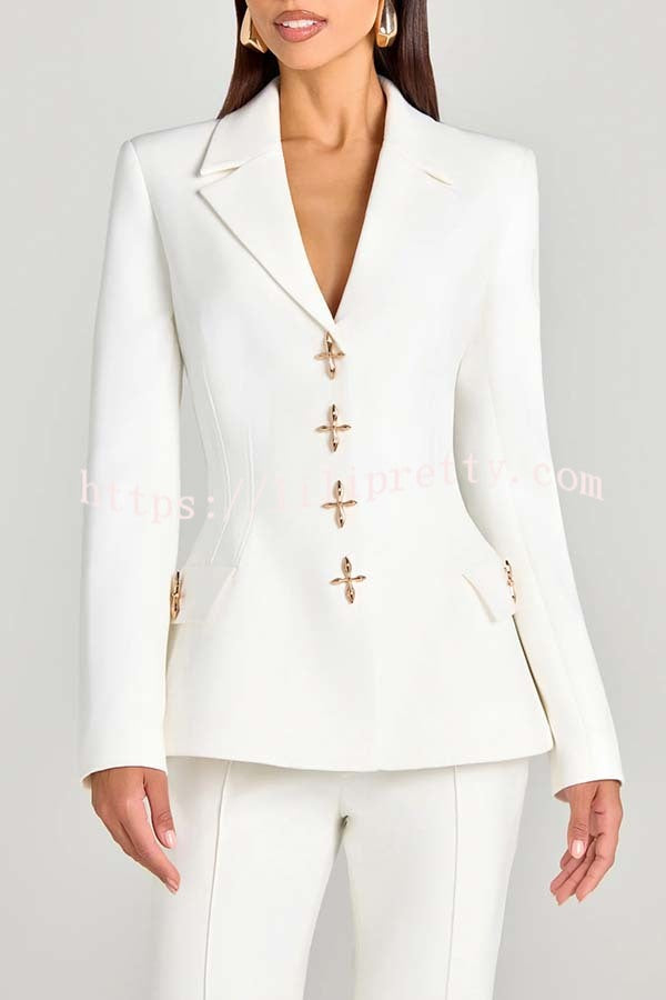 Women Power Metal Cross Snap Button Long Sleeve Lapel Blazer