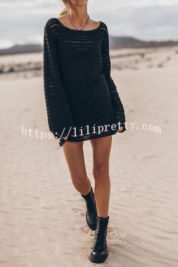 Lilipretty Lorinda Knit Bell Sleeve Back Tie-up Hollow Out Mini Dress