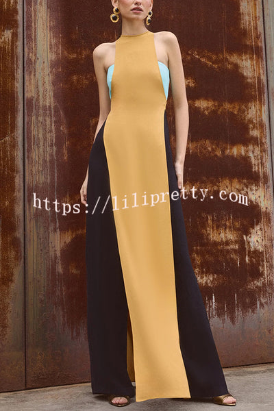 Fashionable Contrast Color Stitching Sleeveless Slim Maxi Dress