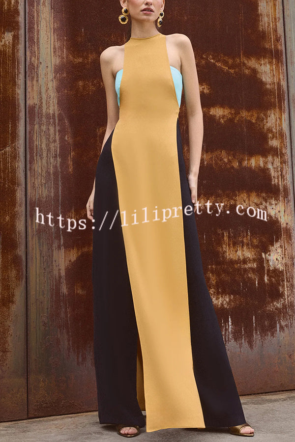 Fashionable Contrast Color Stitching Sleeveless Slim Maxi Dress