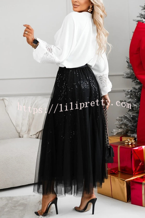 Party Daydream Sequin Tulle High Rise Elastic Waist Maxi Skirt