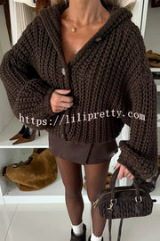 Warm Day Knit Button Up Long Balloon Sleeve Hooded Loose Cardigan