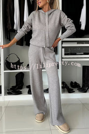 Solid Color Loose Hooded Tie Sweatshirt and Elastic Waist Casual Straight Pants Set