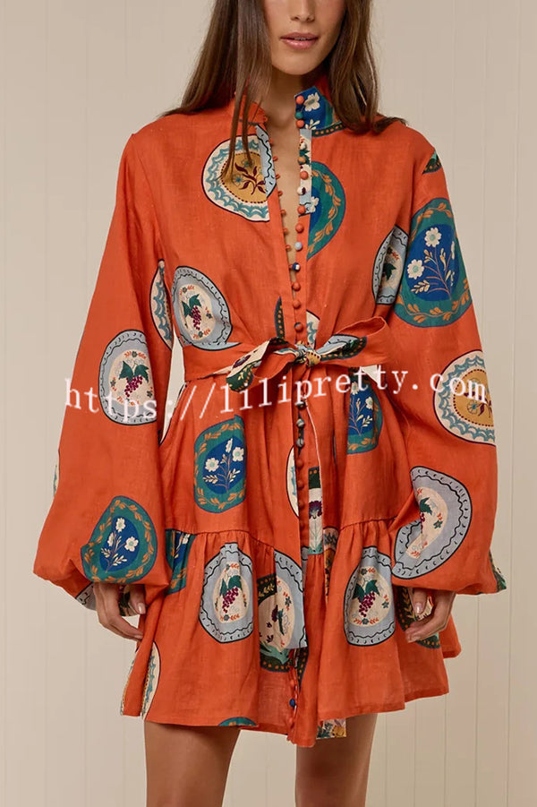 Linen Blend Unique Print Tie Waist Loose Mini Dress