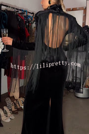 Eve Velvet Open Back Tassel Trim Long Sleeve Slit Maxi Dress