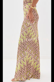 Moonlit Waltz Knit Jacquard Zigzag Print High Rise Stretch Flare Maxi Skirt