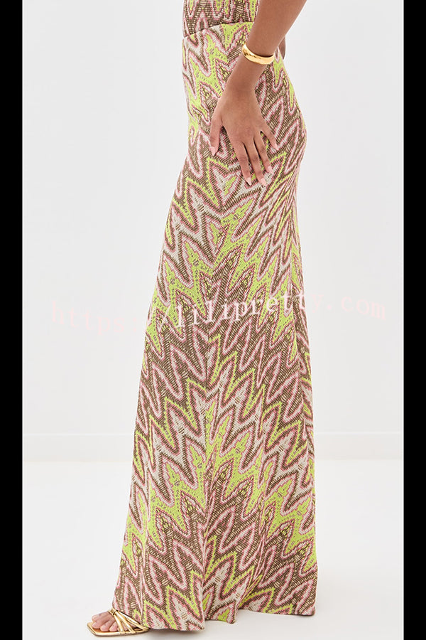 Moonlit Waltz Knit Jacquard Zigzag Print High Rise Stretch Flare Maxi Skirt
