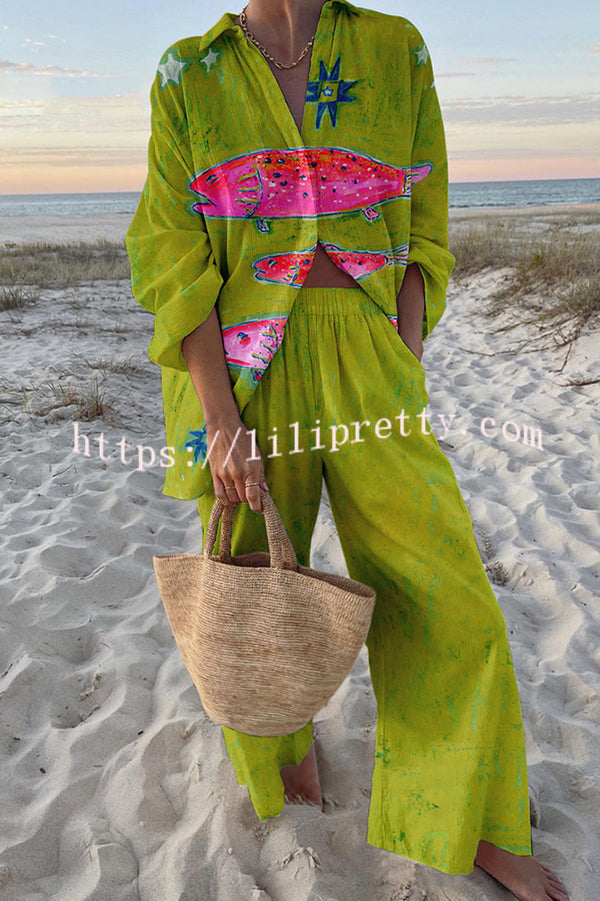 Exotic Fish Print Oversized Shirt and Elastic Waist Pocket Pants Set