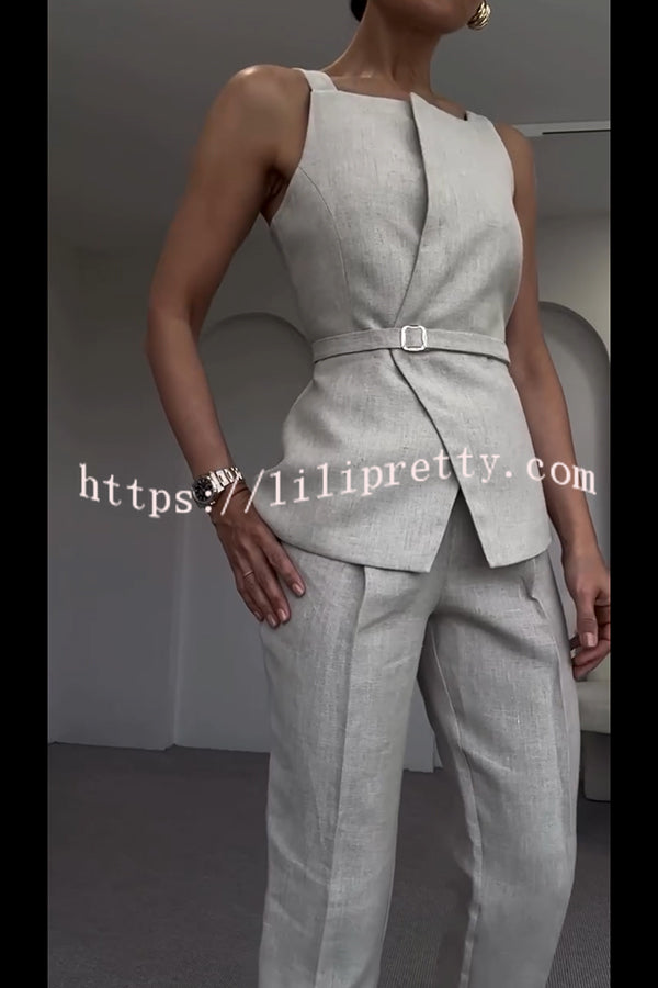 Tylah Linen Blend Square Neck Belted Vest and High Rise Pocket Loose Tapered Trousers Set