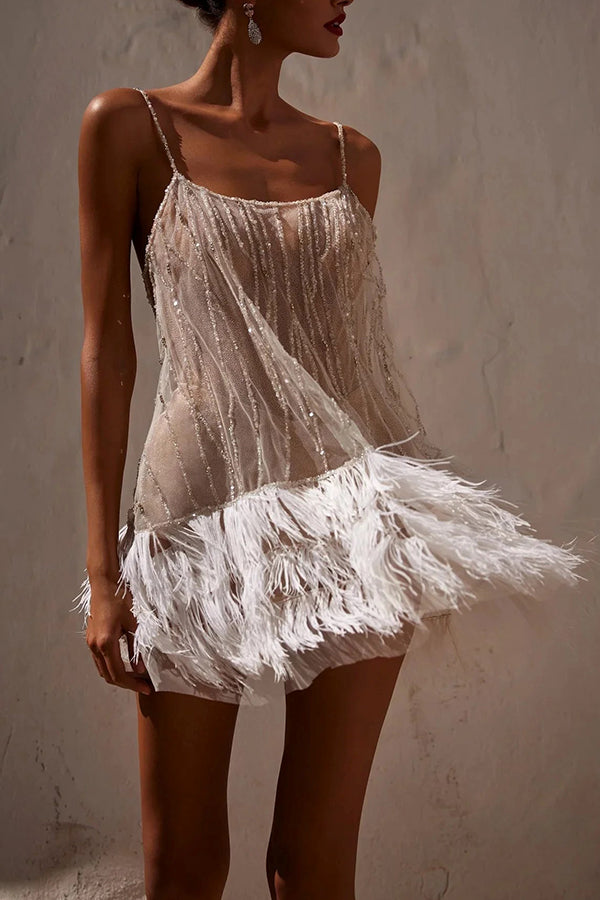 Fairy Lights Sequin Layered Feather Fringed Mesh Mini Dress