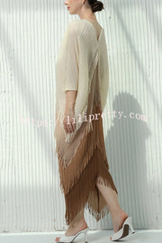 Fashionable Color-blocked Multi-layered Tassel Loose Midi Dress