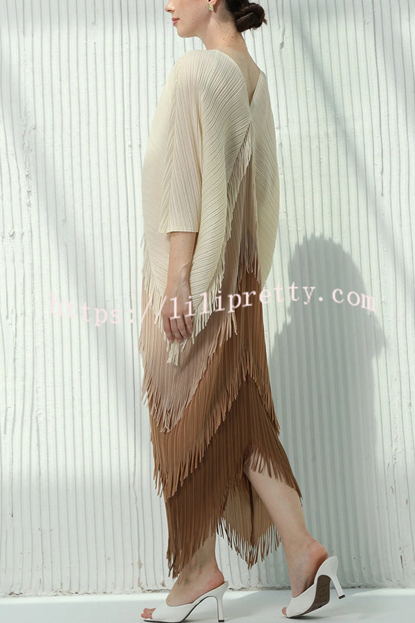 Fashionable Color-blocked Multi-layered Tassel Loose Midi Dress