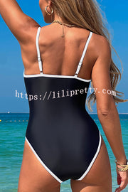 Fashionable Contrast-color Overlock Stretch One-piece Swimsuit