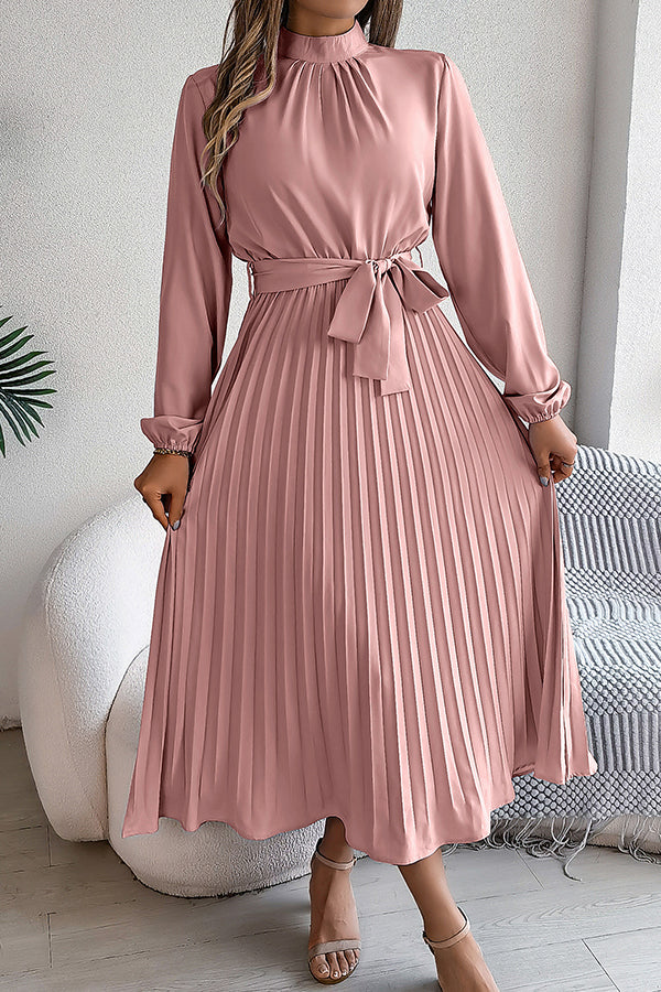 Elegant Stand-collar Long-sleeve Waisted Tie-up Pleated Midi Dress