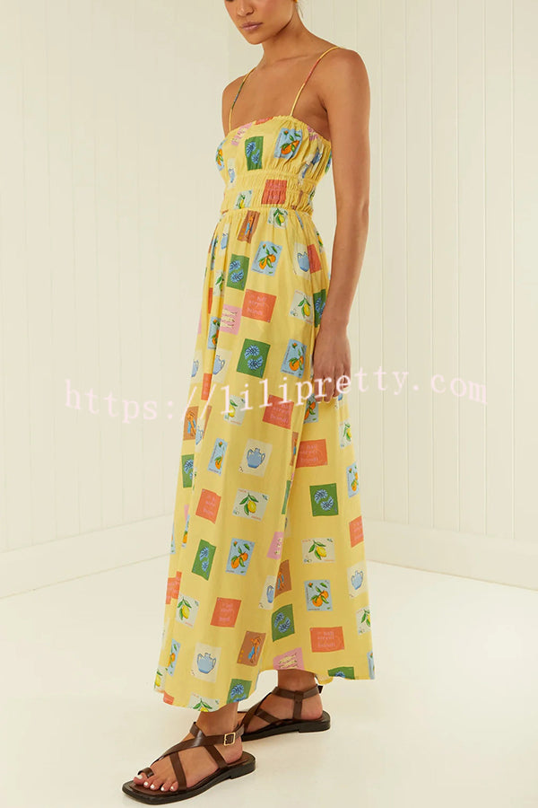 Unique Printed Suspender Backless Pleated Waist Maxi Dress