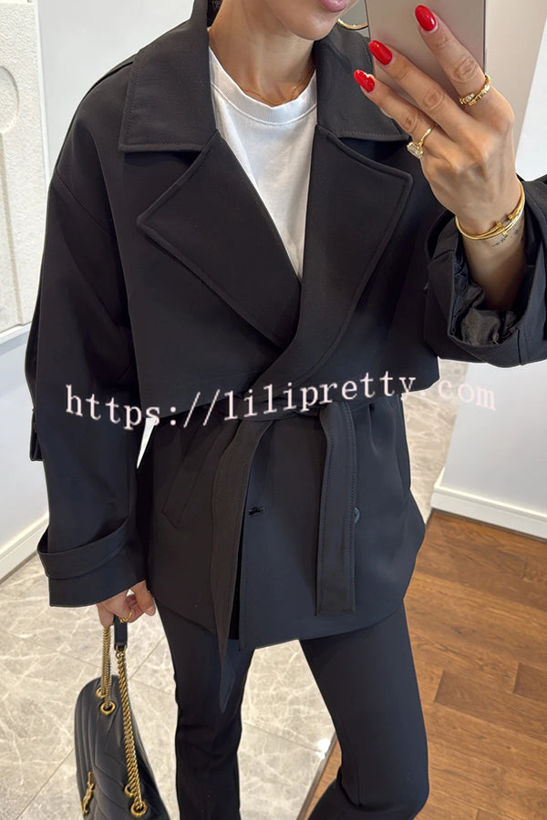 Modern Urban Dropped Shoulder Strap Button Detail Belted Lapel Loose Trench Coat