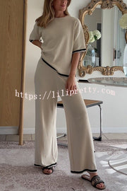 Lilipretty Lounge or Casual Wear Knit Patchwork Color Block Short Sleeve Top and Elastic Wide Leg Pants