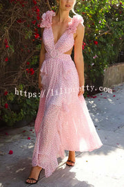 Wedding Dreams Chiffon Printed Flutter Sleeve Cutout Back Lace-up Maxi Dress