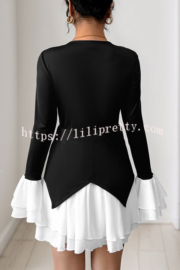 Fashionable Contrast Color Panel Long Sleeve Ruffled Mini Dress