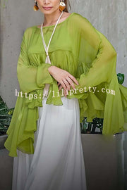 Romantic Journey Chiffon Ruffle Batwing Sleeve Top and Elastic Waist Pocket Loose Pants Set