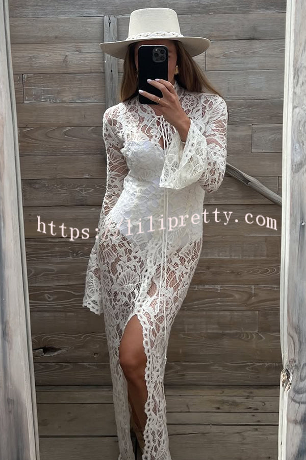 Garcelle Floral Lace Lace-up Long Bell Sleeve Slit Midi Dress