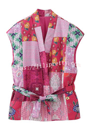 Colorful Printed Sleeveless V-neck Lace-up Vest